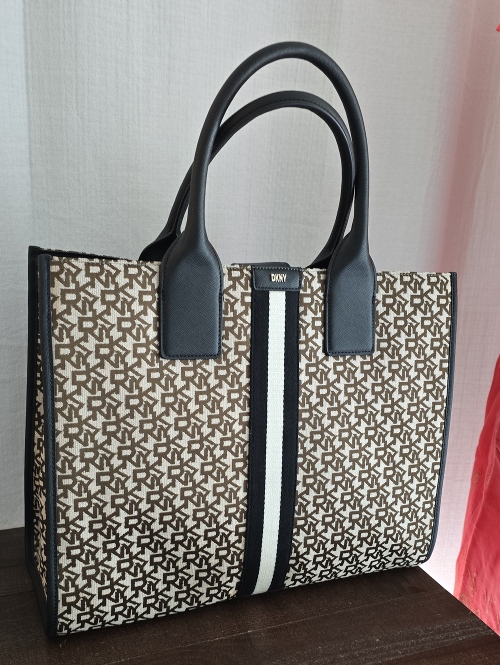 DKNY Monogram Canvas Tote with Black Trim and Center Stripe